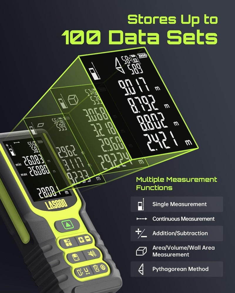 LASGOO Laser Measure, 100m/328ft Laser Measurement Tool, Laser Distance Meter with Angle Sensor, Ft/in/M Units, LCD Backlit Display, Length/Area/Volume/Pythagorean Mode, Battery Included - Image 4